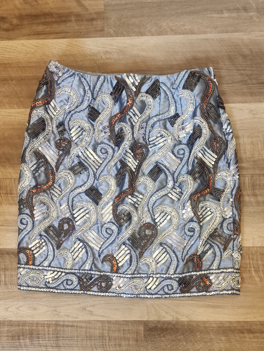 Beaded Embroidered Satin Mini Skirt Blue Silver Black Tie Cocktail Party